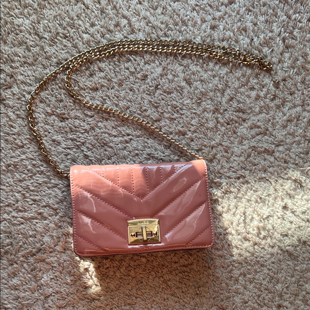 Aldo Glossy Pink Crossbody Bag with Gold Chain